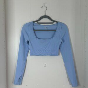 OQQ Women's Crop Top Ribbed Seamless Workout Exercise Long Sleeve Crop Top Blue